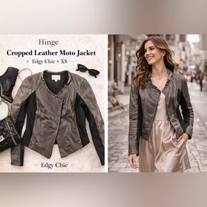 Hinge Cropped Leather Moto Jacket XS Gray Brown Ruffle Neck Edgy Chic NWOT